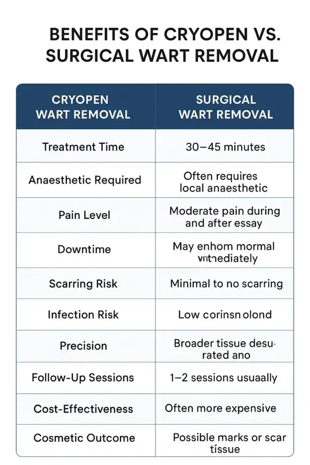 Table showing the benefits of cryopen to remove warts Andover compared to surgical treatment